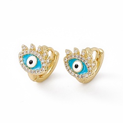 Deep Sky Blue Clear Cubic Zirconia Evil Eye Hoop Earrings with Enamel, Real 18K Gold Plated Brass Jewelry for Women, Lead Free & Cadmium Free, Deep Sky Blue, 11x13x12mm, Pin: 1mm