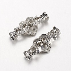 Platinum Long-Lasting Plated Brass Micro Pave Cubic Zirconia Fold Over Clasps, Heart, Platinum, 31mm