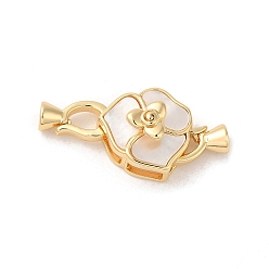 Real 18K Gold Plated Brass Fold Over Clasps with Shell, Flower, Real 18K Gold Plated, Flower: 13x14x8mm, Clasp: 10.5x6x4mm, Inner Diameter: 3mm