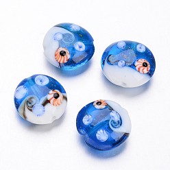 Royal Blue Ocean Style Flat Round Handmade Lampwork Beads, Royal Blue, 20~21x10mm, Hole: 2mm, about 12pcs/box