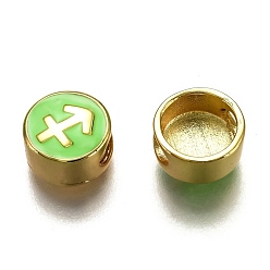 Sagittarius Brass Beads, with Enamel, Flat Round with Constellation, Real 18K Gold Plated, Light Green, Sagittarius, 10x5mm, Hole: 4.5x2.5mm