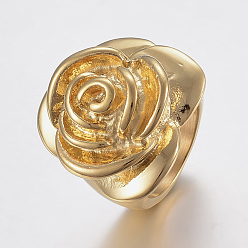 Golden Ion Plating(IP) 304 Stainless Steel Wide Band Finger Rings, Flower, Golden, Size 6~9, 16~19mm