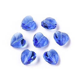 Bleu Des billes de verre transparentes, facette, cœur, bleu, 10x10x7mm, Trou: 1~1.2mm