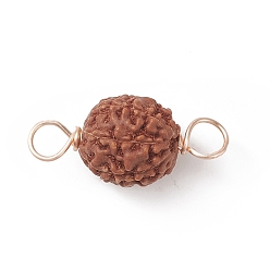 Golden Round Natural Wood Connector Charms, Sienna Rudraksha Links, with Copper Wire, Golden, 20~22.5x9~10.5mm, Hole: 3.5~3.9mm