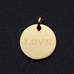 Golden 201 Stainless Steel Charms, with Jump Rings, Flat Round with Word LOVE, Golden, 12x1mm, Hole: 3mm