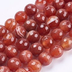 Indian Red Natural Striped Agate/Banded Agate Beads Strands, Round, Faceted, Dyed, Indian Red, 10mm, Hole: 1mm, about 37pcs/strand, 14.7 inch(37.5cm)