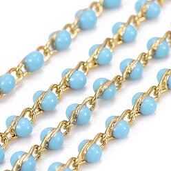Light Sky Blue Handmade Enamel Beaded Chains, Soldered, with Brass Chains, Real 18K Gold Plated, Long-Lasting Plated, with Spool, Light Sky Blue, 4~5x2x2~3mm, about 32.8 Feet(10m)/roll
