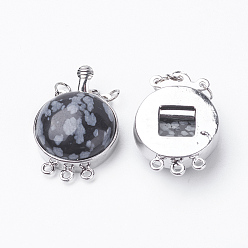 Obsidienne De Flocon De Neige Fermoirs naturels de boîte en obsidienne, avec accessoires en laiton, plat rond, platine, 26.5x17.5x8~9mm, Trou: 1mm