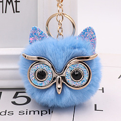 Cornflower Blue Pom Pom Ball Keychain, with KC Gold Tone Plated Alloy Lobster Claw Clasps, Iron Key Ring and Chain, Owl, Cornflower Blue, 12cm