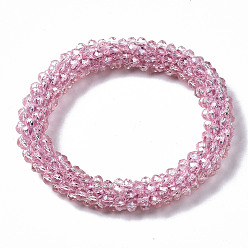 Perlas de Color Rosa Pulseras elásticas de cuentas de vidrio transparente facetado, arco iris chapado, Rondana plana, rosa perla, diámetro interior: 2 pulgada (5 cm)