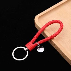 Red PU Leather Knitting Keychains, Wristlet Keychains, with Platinum Tone Plated Alloy Key Rings, Red, 12.5x3.2cm