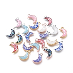 Mixed Color Natural Shell Charms, with Brass Findings, Moon, Mixed Color, 13x8x2.3mm, Hole: 1.5mm
