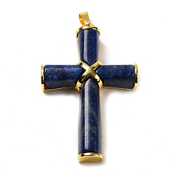 Lapis Lazuli Gros pendentifs teints en lapis-lazuli naturel, Breloques croisées avec placage en crémaillère, accessoires en laiton doré, 50x32x9.5mm, Trou: 8x5mm