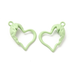 Pale Green Spray Painted Alloy Pendants, Hollow Heart Charm, Pale Green, 21x15.5x0.6mm, Hole: 1.6mm