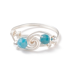 Apatite Natural Apatite Beaded Spiral Finger Ring, Brass Wire Wrap Jewelry for Women, Silver, US Size 8 1/2(18.5mm)