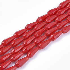 Red Opaque Solid Color Glass Beads Strands, Imitation Jade, Faceted, Teardrop, Red, 9~10x4mm, Hole: 1mm, about 72pcs/Strand, 26.38~27.17 inch(67~69cm)