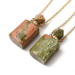 Unakite Openable Natural Unakite Perfume Bottle Pendant Necklaces for Women, 304 Stainless Steel Cable Chain Necklaces, Golden, 18.74 inch(47.6cm)