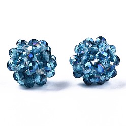 Bleu Marine Perles tissées rondes en verre galvanisé transparent, perles de cluster, de couleur plaquée ab , facette, bleu marine, 12~13mm, Trou: 1.5mm, perles: 3.5x2.5 mm