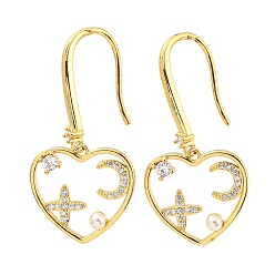 Clear Cubic Zirconia Heart with Star Dangle Earrings with Plastic Pearl Beaded, Real 18K Gold Plated Brass Earrings, Cadmium Free & Lead Free, Clear, 43x21mm