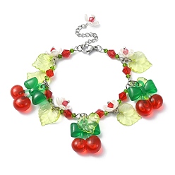 Cherry Glass & Resin & Acrylic Flower Charm Bracelet, 304 Stainless Steel Jewelry, Cherry, 7-1/4 inch(18.5cm)