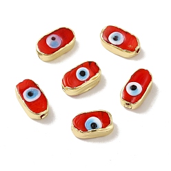 Red Handmade Evil Eye Lampwork Beads, with Brass Findings, Lead Free & Cadmium Free, Long-Lasting Plated, Oval, Red, 14~14.5x7.5~8.5x5.5~6mm, Hole: 0.9~1.4mm