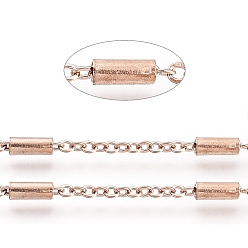 Or Rose Placage ionique (ip) 304 chaînes porte-câbles en acier inoxydable, avec des perles tubulaires, soudé, avec bobine, Ovale Plat, or rose, perles tubulaires: 54x28mm, lien: 2~5.5x1.5~2 mm, environ 32.8 pieds (10 m)/rouleau