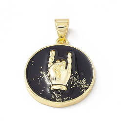Black Rack Plating Brass Enamel Pendants, with Glitter Powder, Long-Lasting Plated, Real 18K Gold Plated, Flat Round with Rock Hand Gesture Charm, Black, 21.5x16.5x3.5mm, Hole: 4x3mm