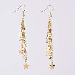 Golden Tassel Dangle Earrings, with 304 Stainless Steel Star Charms & Cable Chains, Brass Rhinestone Charms & Real 18K Gold Plated Earring Hooks, 84mm, Pin: 0.7mm