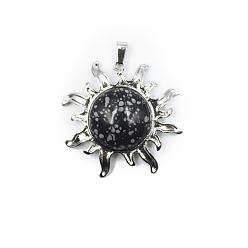 Obsidienne De Flocon De Neige Flocon de neige naturelle pendentifs en obsidienne, charmes de soleil, avec les accessoires en alliage de platine plaqués, 39x39mm