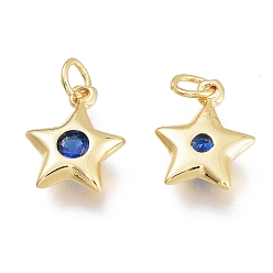 Marine Blue Brass Micro Pave Cubic Zirconia Charms, with Jump Ring, Stars, Golden, Marine Blue, 11.5x8.5x2.5mm, Hole: 1.5mm Jump rings: 3.5x0.8mm