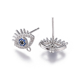 Platinum Brass Stud Earring Findings, with Loop, Micro Pave Cubic Zirconia, Eyes, Colorful, Platinum, 10x12x2.5mm, Hole: 1mm, Pin: 0.8mm