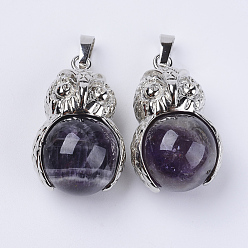 Amethyst Natural Amethyst Pendants, with Platinum Tone Brass Findings, Owl with Round Ball, 31x18.5x16mm, Hole: 5x8mm