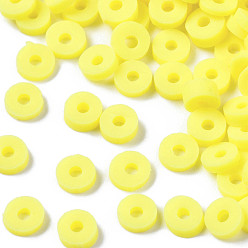 Amarillo Cuentas de arcilla polimérica hechas a mano ecológicas, disco / plano y redondo, perlas heishi, amarillo, 4x1 mm, agujero: 1 mm, Sobre 55000 unidades / 1000 g