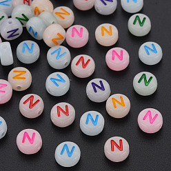 Letter N Acrylic Beads, Glow in the Dark, with Enamel and Luminous, Horizontal Hole, Flat Round with Alphabet, Letter.N, 6.5x7x4mm, Hole: 1.6mm, about 3600pcs/500g