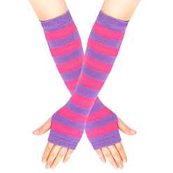 Hot Pink Acrylic Fiber Yarn Knitting Fingerless Gloves, Stripe Pattern Winter Warm Gloves with Thumb Hole, Hot Pink, 310x80mm