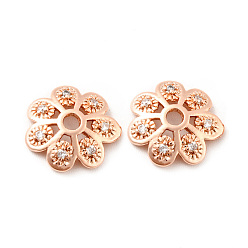 Rose Gold Brass Micro Pave Clear Cubic Zirconia Bead Caps, Cadmium Free & Lead Free, Multi-Petal, Flower, Rose Gold, 10x2.5mm, Hole: 1.6mm