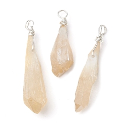Wheat Electroplated Natural Quartz Crystal Dyed Pendants, Teardrop Charms with Silver Color Plated Copper Wire Loops, Wheat, 30~38x9.5~15x7~11mm, Hole: 4mm