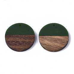 Green Resin & Wood Pendants, Flat Round, Green, 28.5x3.5~4mm, Hole: 1.5mm