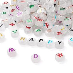 Mixed Color 150Pcs Luminous Acrylic Beads, Horizontal Hole, Flat Round with Random Mixed Letters, Mixed Color, 10x6mm, Hole: 2mm