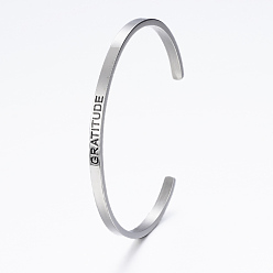 Stainless Steel Color 304 Stainless Steel Inspirational Cuff Bangles, with Enamel & Word Word Gratitude, Stainless Steel Color, 2-1/2 inchx2 inch(62x52mm)