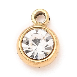 Cristal 304 encantos de acero inoxidable, con diamantes de imitación de acrílico, encantos de piedra de nacimiento, facetados, plano y redondo, dorado, cristal, 8.2x6x3.5 mm, agujero: 1.2 mm