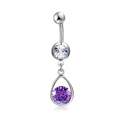 Dark Orchid Brass Cubic Zirconia Navel Ring, Belly Rings, with 304 Stainless Steel Bar, Cadmium Free & Lead Free, teardrop, Dark Orchid, 41mm, Bar: 15 Gauge(1.5mm), Bar Length: 3/8"(10mm)