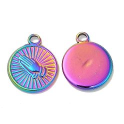 Rainbow Color Placage ionique (ip) 304 pendentifs en acier inoxydable, breloque ronde plate avec mains en prière, couleur arc en ciel, 19x16x2mm, Trou: 2mm