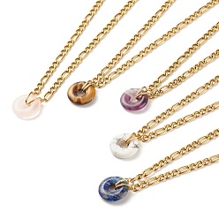 Mixed Stone Natural Mixed Stone Donut Pendant Necklace, Gemstone Necklace with 304 Stainless Steel Figaro Chain for Women, Golden, 15.87 inch(40.3cm)