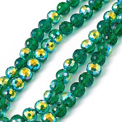 Vert Transparentes perles de verre de galvanoplastie brins, à facettes (96 facettes), ronde, de couleur plaquée ab , verte, 7.5~8x7mm, Trou: 1.2mm, Environ 70~72 pcs/chapelet, 20.08~20.47 pouce (51~52 cm)