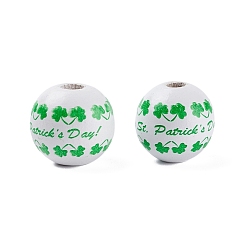 Green Saint Patrick's Day Theme Spray Painted Natural Wood Beads, with Clover & Word Pattern, Green, 15.5~16mm, Hole: 4mm