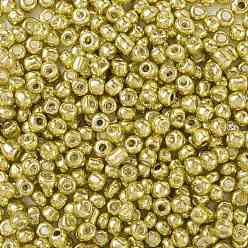 Verge D'or Pâle 12/0 perles de rocaille de verre, style de couleurs métalliques, ronde, verge d'or pale, 12/0, 2mm, Trou: 1mm, environ 30000 pcs / livre