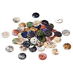 Mixed Color Mother of Pearl Buttons, Akoya Shell Button, Dyed, Flat Round, Mixed Color, 10x1mm, Hole: 1.5mm