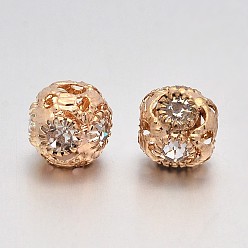 Rose Gold Brass Round Beads, with Crystal Glass Rhinestones, Rose Gold, 8mm, Hole: 3mm
