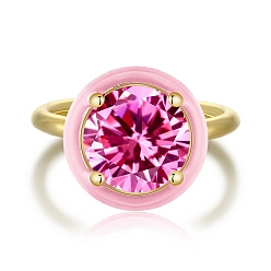 Pink 925 Sterling Silver Rings, Birthstone Ring, Real 18K Gold Plated, with Enamel & Cubic Zirconia for Women, Flat Round, Pink, 1.8mm, US Size 7(17.3mm)
